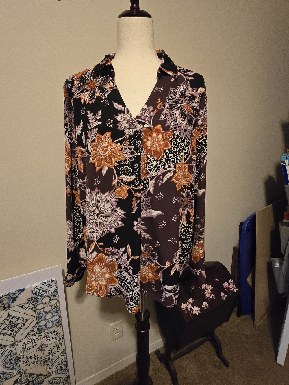 Maurices Black Floral Button-Up Blouse with Rust Orange & Lavender Accents Sz XL